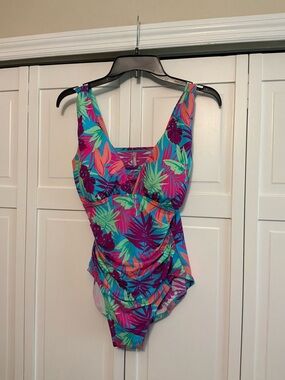Lands' End Grecian One-Piece Swimsuit in Teal, Pink and Purple Leaf Print